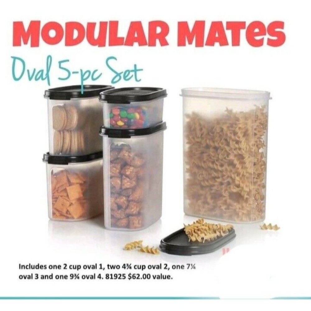 NEW - Tupperware Modular Mates Oval 5 Pc Set - Black Seals